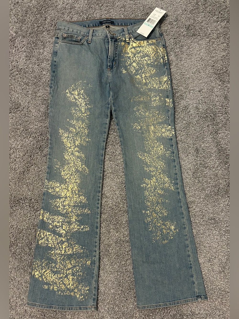 Karen Kane Metallic Gold Brushed Painted Desert Art-To-Wear Jeans Women’s Size 8